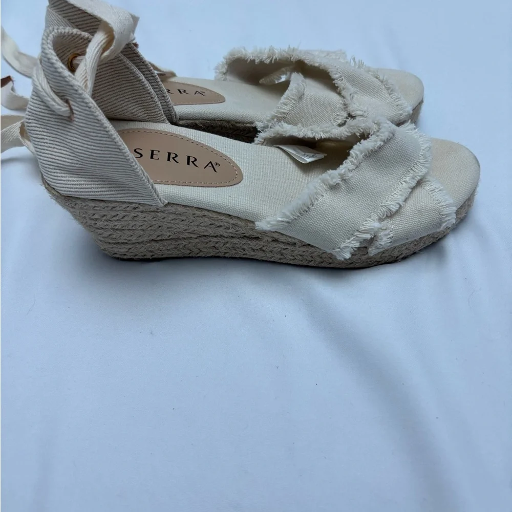 Serra Cream Espadrille Wedges with Textured Fabric Tie Up Boho
